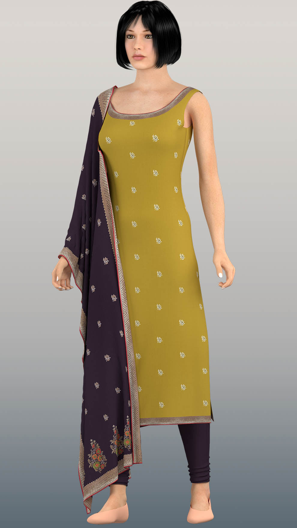 Dark Green Round Neck Kurta With Purple Pants And Dupatta